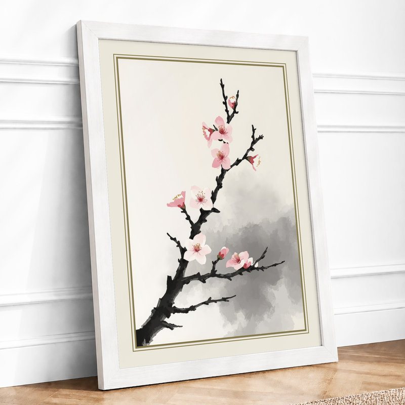 Moonlit Cherry Blossom Japandi - Framed Print, A2 - 59.4 x 42.0 cm, White