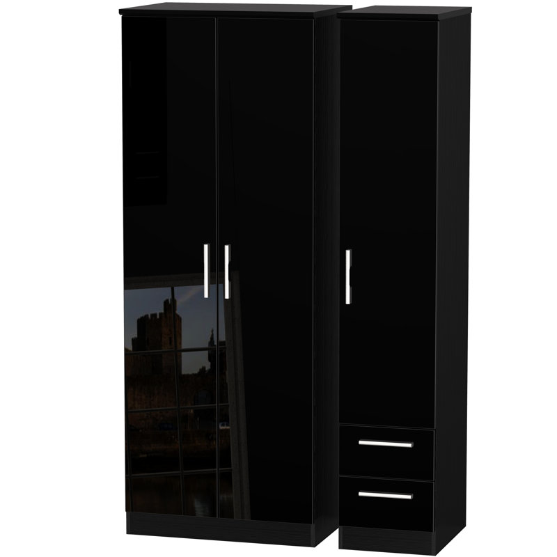 Yvette 3 Door Manufactured Wood Wardrobe, Black, 197 cm H x 111 cm W x 53 cm D