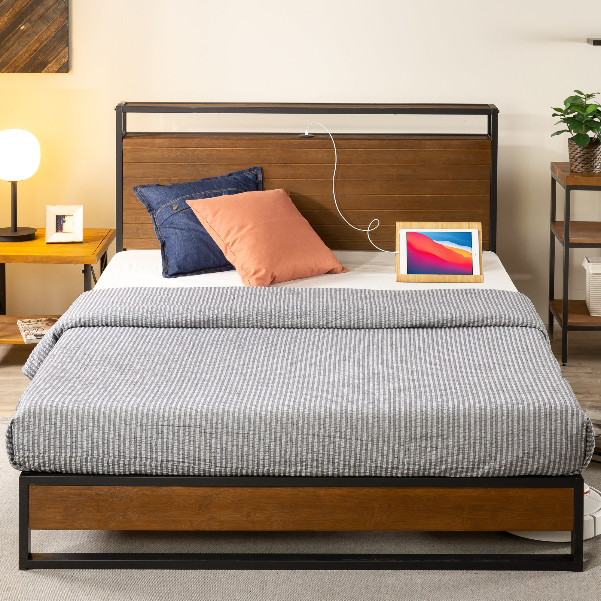 Cara Platform Bed with Headboard Bed frame with USB Charging Shelf Durable Steel Frame Sturdy Wooden Slat Foundation