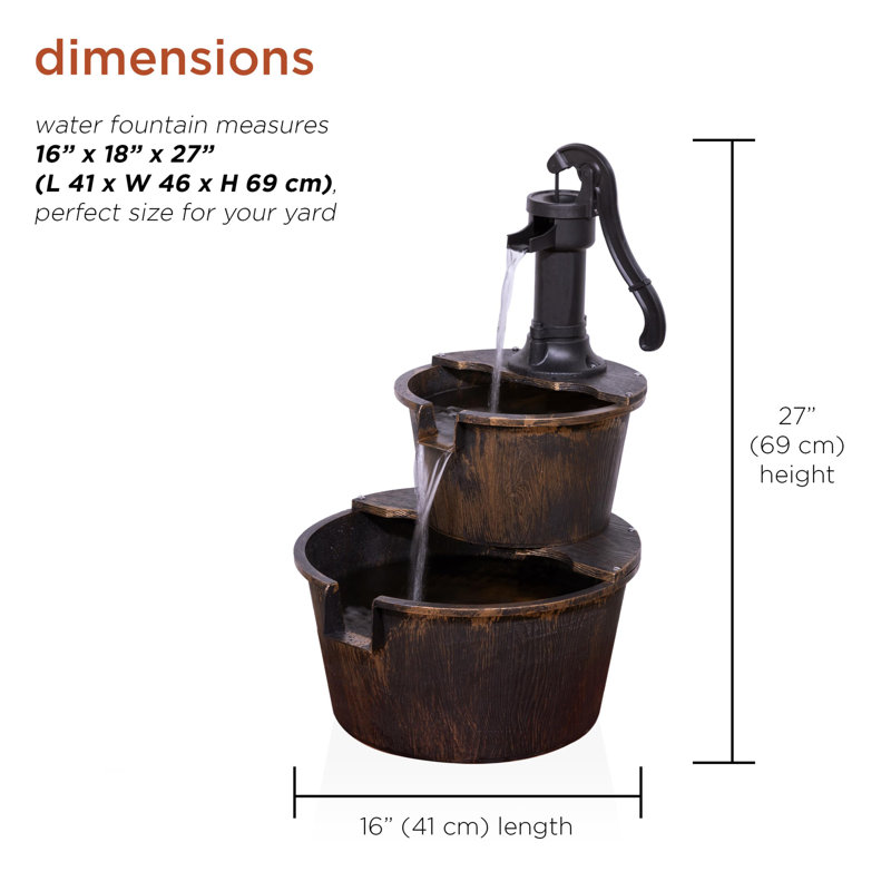 Rustic Brown 2-Tier Barrel Waterfall Fountain with Pump