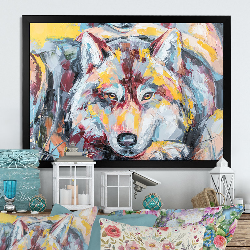 «Colorful Wolf Wildlife Emotion II», reproduction sur toile flottante, Cadre photo noir, H 24 po x l 36 po x P 1 po
