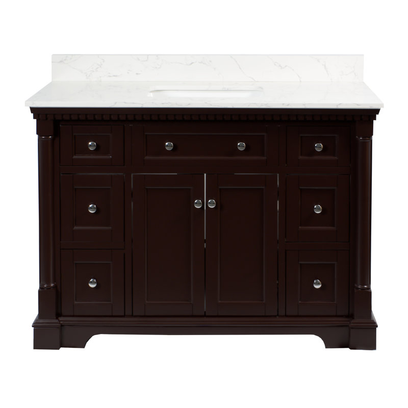 Meuble-lavabo simple 48 po avec armoire en chocolat et comptoir en marbre, Chocolat, Marbre d'ingénierie