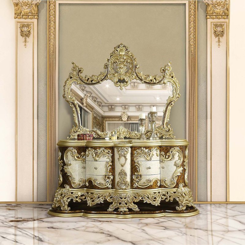 Commode 6 tiroirs et 2 portes Desiderius, finition or antique / brun