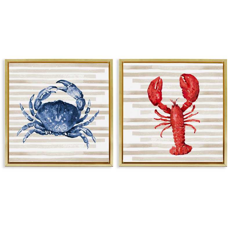 Ensemble de 2 toiles flottantes encadrées nautiques crabe et homard beige par Patricia Pinto, H 18 po x l 18 po, Or