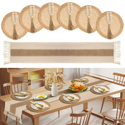 Ensemble de napperons Boho, ensemble de napperons tissés ronds de 6 po et 13 po avec anneaux de serviette en perles de coton et chemin de table en toile de jute de 72 po pour décoration rustique