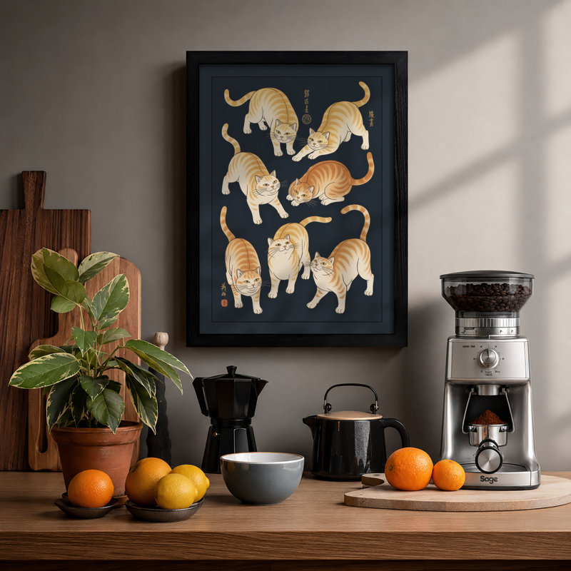 Seven Tabby Cats Japandi - Framed Print, A2 - 59.4 x 42.0 cm, Black