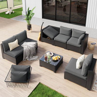 No-Assembly Chairs, 6-Person Patio Furniture Set Durable Wicker Outdoor Sectional Seating Group Outdoor Conversation Sofa With Waterproof Furniture Cover & Included Blue Cushion Covers