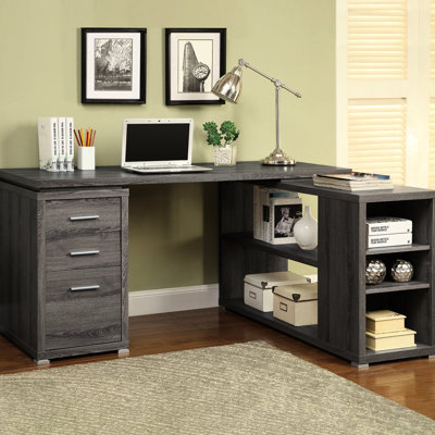 Bureau en forme de L à 3 tiroirs de ton gris vieilli, cinq tablettes pour le rangement de dossiers dans la maison avec tiroirs et tablettes, productivité idéale
