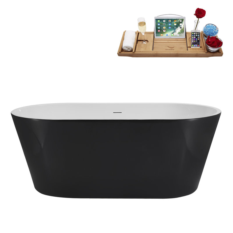59" Streamline Soaking Glossy Black Freestanding Tub With Internal Drain in Brushed Nickel
