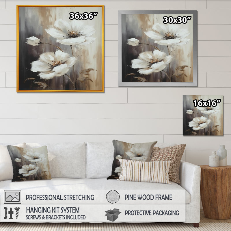 Hibiscus blanc et brun II - impression, Cadre photo noir, H 16 po x l 16 po x P 1 po