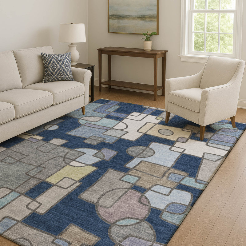 Tapis géométrique de qualité supérieure lavable à la machine Prisco, Marine, 8 pi x 10 pi