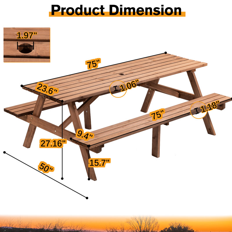 Table de pique-nique en bois brun pour 8 personnes, extérieure avec 2 sièges et bancs, capacité de 2220 lb