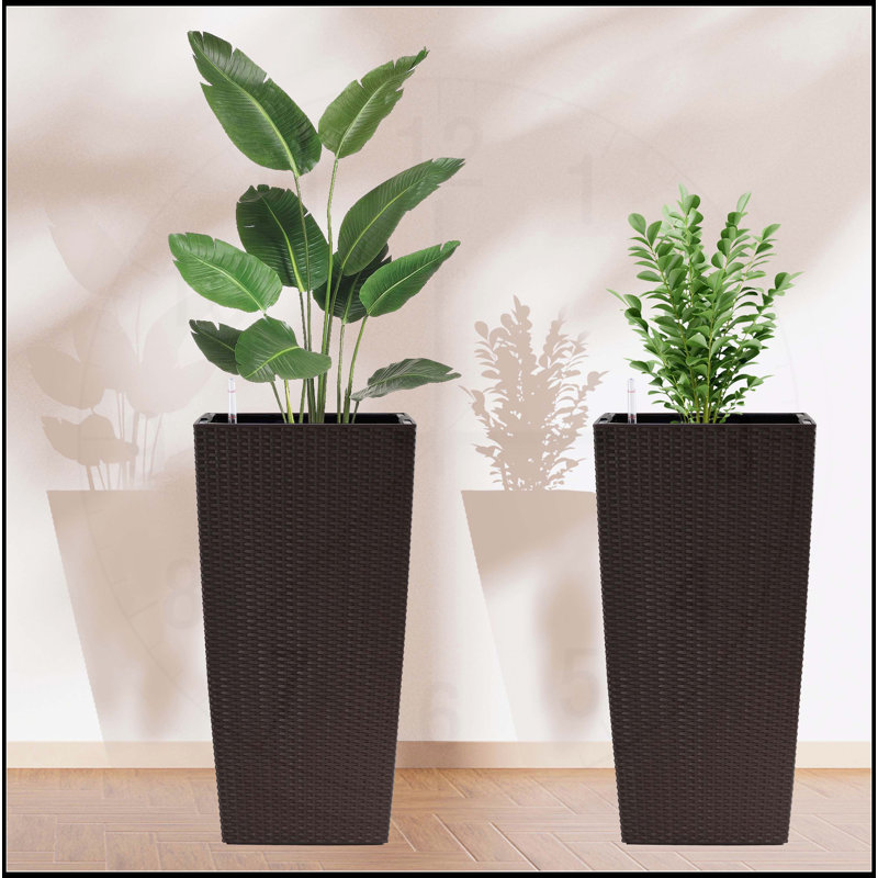 Pot à fleurs carré intérieur / extérieur moderne en faux rotin, 30 po, Brun