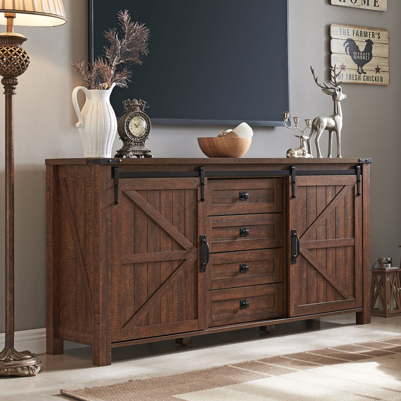 Texola 60" W Farmhouse Chest of Drawers, Wood Bedroom Dresser with 4 Drawers & Sliding Barn Doors, Reclaimed Barnwood