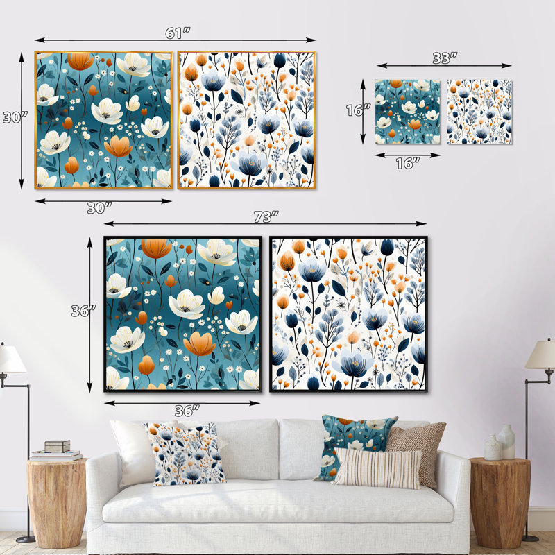 «Meadow», ensemble de 2 collages carrés botaniques abstraits à motif floral bleu et beige, Cadre flottant doré