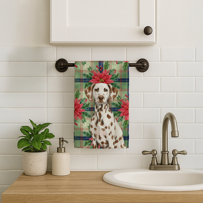 Liver Dalmatian Christmas PoinsettIas Kitchen Towel, Liver Dalmatian