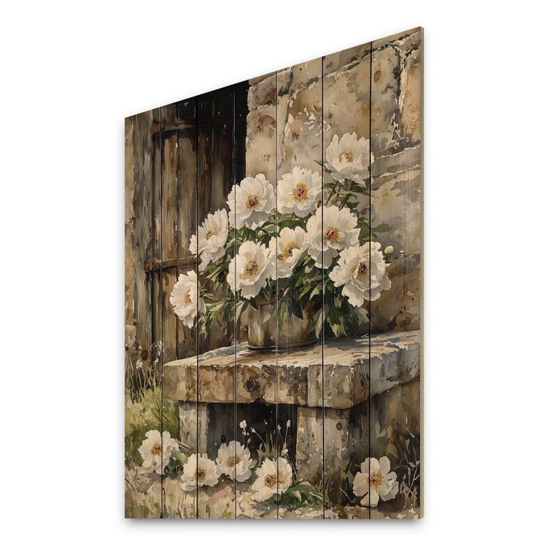 Pivoines au bord de l'arrosage III - reproduction de bois de pivoines - sur bois de pin naturel