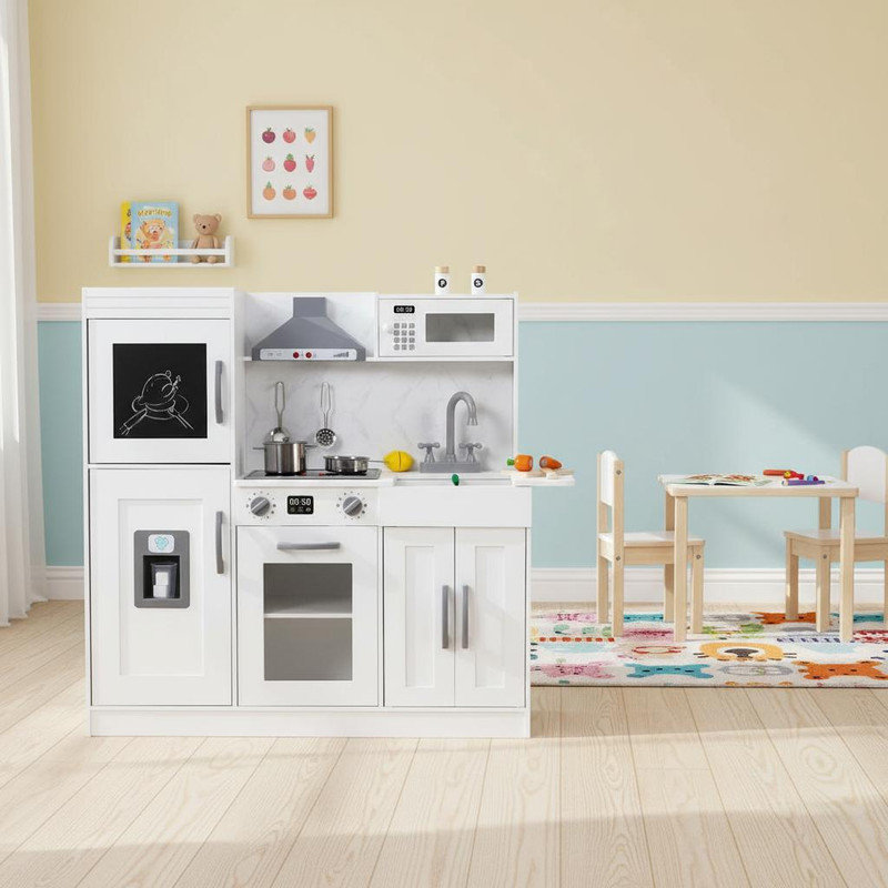Wooden Kids Play Kitchen,Chef Pretend Play Modern Toy Kitchen Playset for Toddler, Children Pretend Toy Kitchen Playset, Coffee Machine, Hood, Sink, Ice Maker, Gift for Boys Girls Age 3+