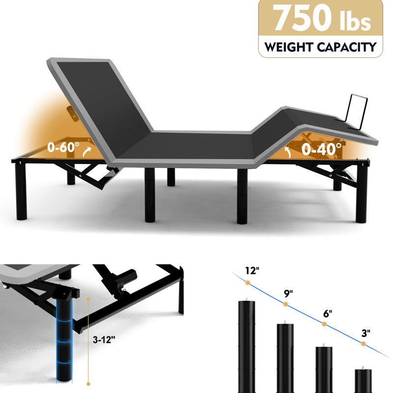 Structure de lit électrique simple TG avec cinq modes de massage, télécommande sans fil, nuit à DEL, ports de type A et de type C, pieds réglables, massage compatible avec un matelas large, charge, réglable en hauteur