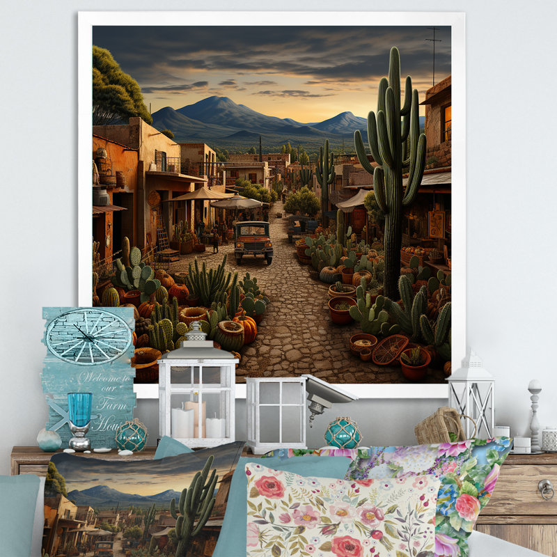 Jour de marché mexicain I - art mural mexicain pour le salon, H 30 po x l 30 po x P 1,5 po, Cadre simple blanc