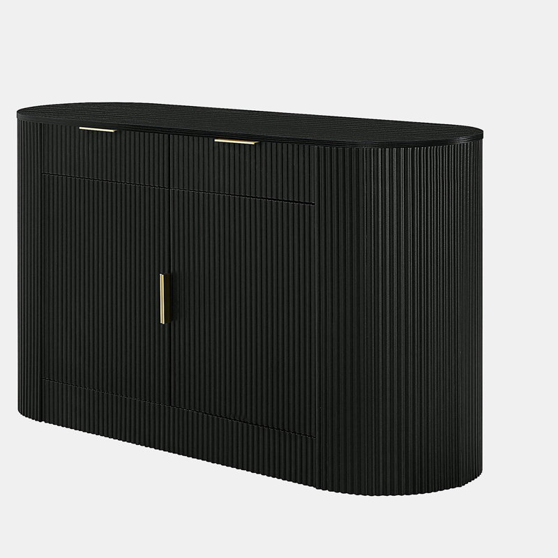 Armoire de rangement moderne - 2 portes et 2 tiroirs, buffet en panneau de fibres à densité moyenne avec poignées en aluminium, porte latérale incurvée et tablettes à 3 niveaux, armoire de buffet pour le salon, la chambre à coucher