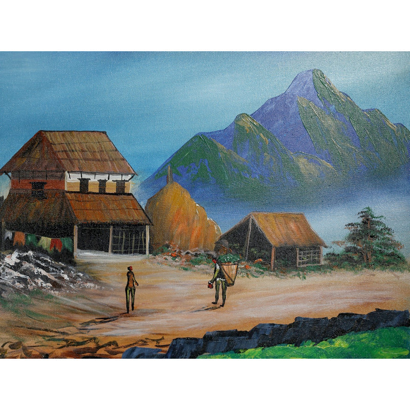 Village Of Annapurna Mountain Painting | Oil On Canvas