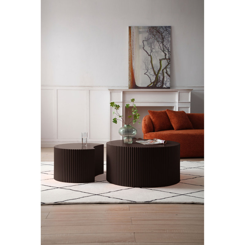 Ensemble de 2 tables gigognes en MDF fabriquées à la main, brun et rond, sans assemblage requis