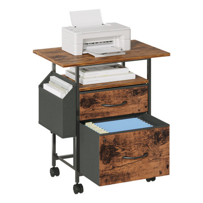 Classeur à 2 tiroirs, support pour imprimante à roulettes, table de chevet mobile avec bureau étendu, convient aux dossiers de format lettre pour le bureau à domicile, la chambre à coucher et le salon (brun rustique)
