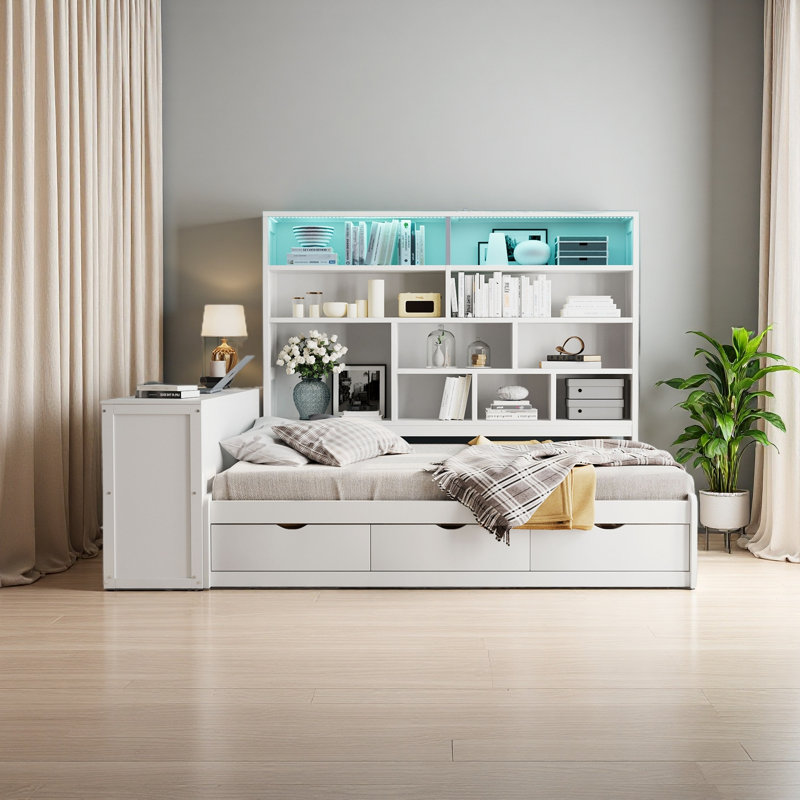 Lit de jour double en bois avec trois tiroirs, bureau, tablettes et lumières, Blanc