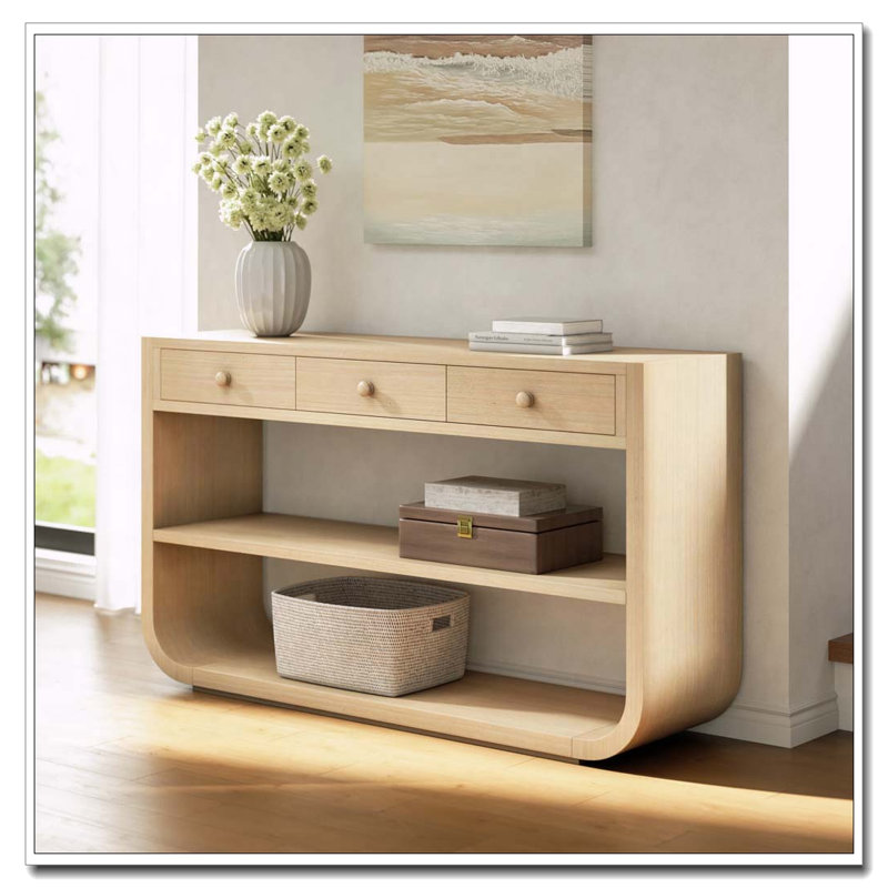 Console moderne avec 3 tiroirs à fermeture en douceur et 2 tablettes ouvertes, Naturel