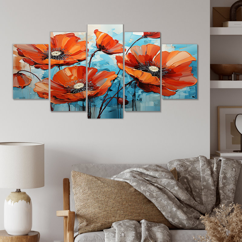 Orange et bleu «Poppy Meadow - Poppies Multipanel», ensemble d'art mural