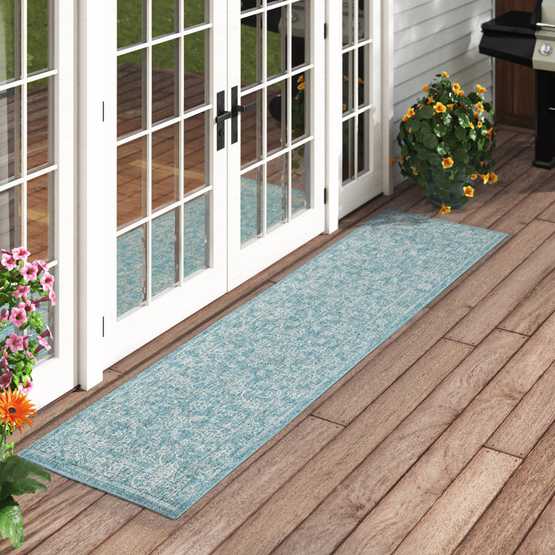 Tapis d'intérieur / extérieur de couleur unie Amedee Performance, Aqua/Grey, Runner 2'3" x 22'