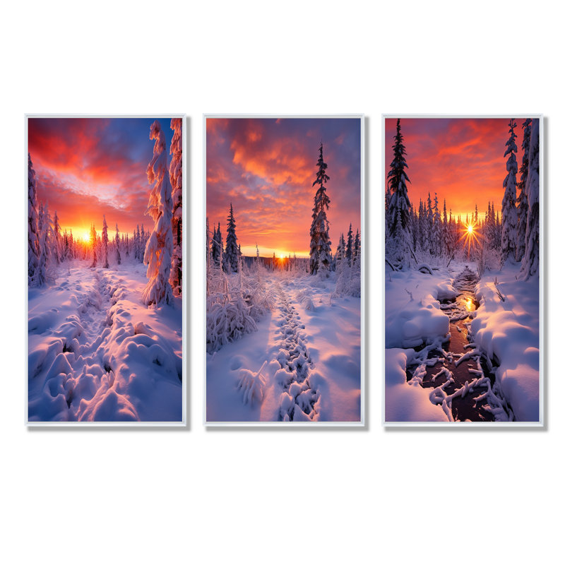 Rose et jaune en hiver lever de soleil I - ensemble de 3 décorations murales d'hiver, Cadre flottant blanc, H 32 po x l 48 po