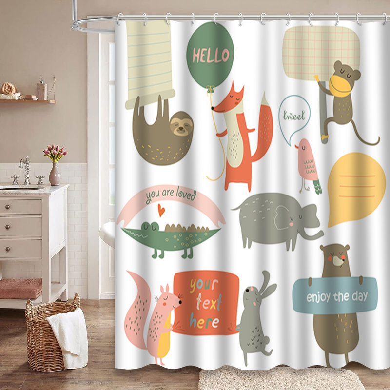 Mignon dessin animé paresseux rideau de douche éléphant singe avec 12 crochets, L 72 po x l 72 po