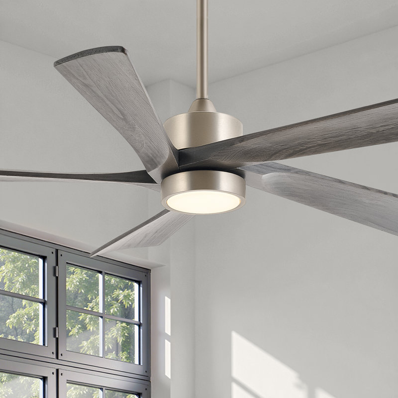 5-Blade Transitional Modern Solid Wood LED Ceiling Fan with Dimmable Light and Remote, Brushed Nickel with Gray Wood Blades
