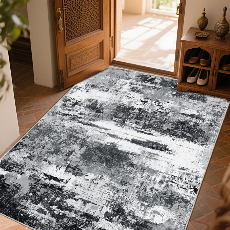 5x7 Abstract Rug for Living Room, Black Low Pile Throw Rugs with Rubber Backing, Performance Rug for Bedroom, Dining Room, Modern Rug for Home Decor, Washable Indoor Outdoor Rugs, Ideal For High Traffic Areas