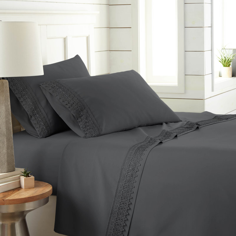 Jaquil Extra Deep Pocket Microfiber Sheet Set with Lace Hem, Twin, Slate