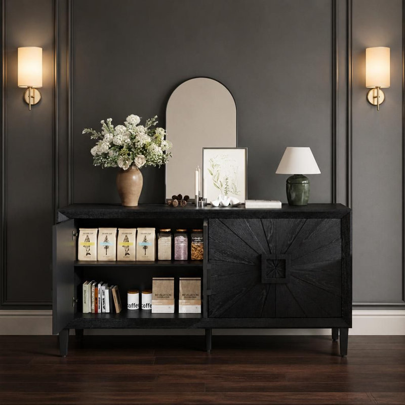 Buffet rustique de style campagnard avec porte à motif soleil symétrique, meuble télé robuste avec étagères réglables, armoire de rangement en bois