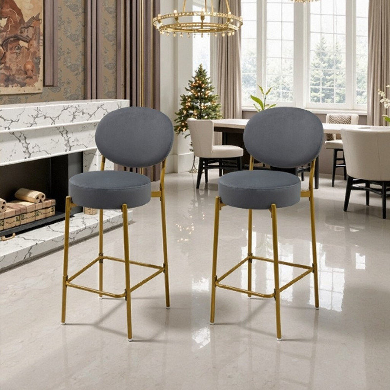 Ensemble de 2 tabourets de bar rembourrés en velours avec dossier et repose-pieds de 29,13 po de hauteur pour les îlots de cuisine