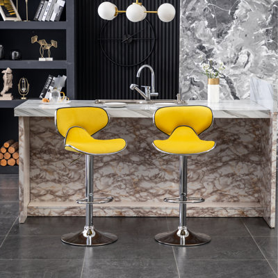 2 pivotants en velours rembourrés réglables en jaune - Base en métal avec fonction et repose-pieds Hauteur de l'assise en mousse de qualité et revêtement doux