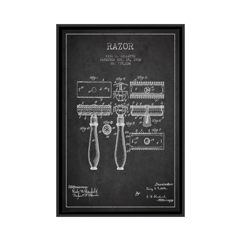 «Razor Charcoal Brevet Blueprint» par Aged Pixel, reproduction sur toile tendue sur châssis, H 26 po x l 18 po x P 1,5 po