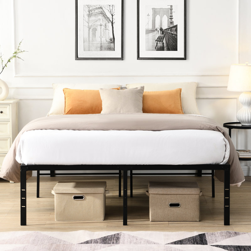 Structure de lit robuste en métal noir, facile à assembler, sans bruit pendant l'utilisation, support de 1000 livres, lattes renforcées pour matelas, rangement sous l'espace, réglages multiples idéaux, pieds