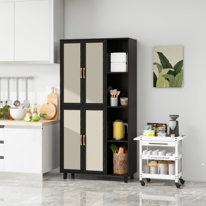 Garde-manger en rotin 70,87 po avec tablette latérale Aodan, Noir