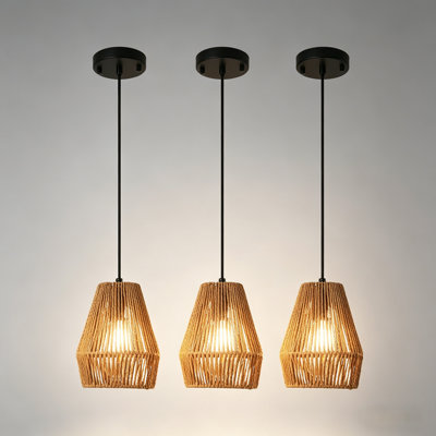 3-Pack 6.7" Boho Rattan Pendant Lights, Adjustable Black Hand-Woven Hanging Fixtures for Kitchen Island, Sink, Bar, Bedroom & Dining Room