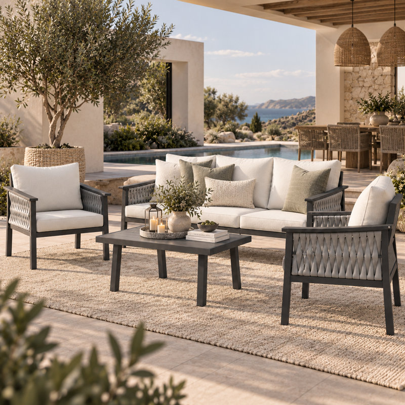 Ensemble de patio extérieur pour 5 personnes - corde tissée à la main, structure en aluminium, coussins en oléfine, Beige