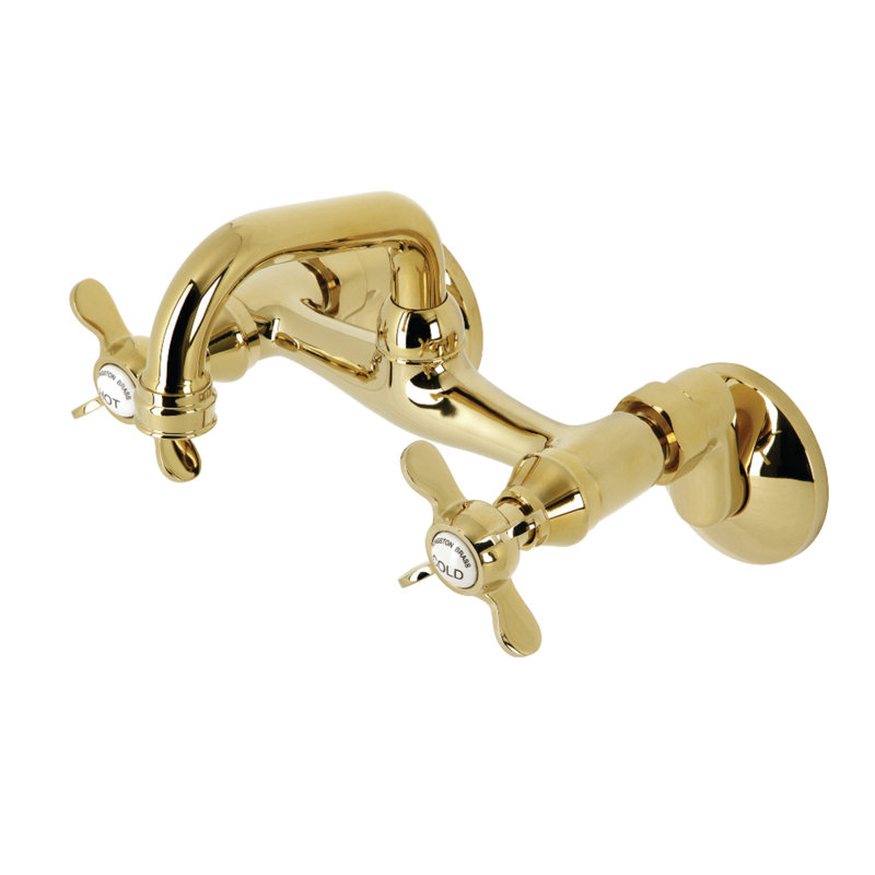 Kingston Brass Kingston Two-Handle 2-Hole Wall Mount Bar Faucet, Cross Handle, Polished Brass