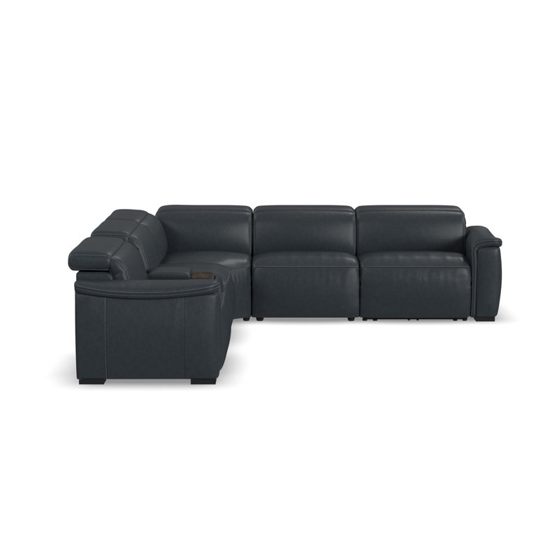 Caldwell 5 Seat Sectional With Console, Blue Geniune Leather