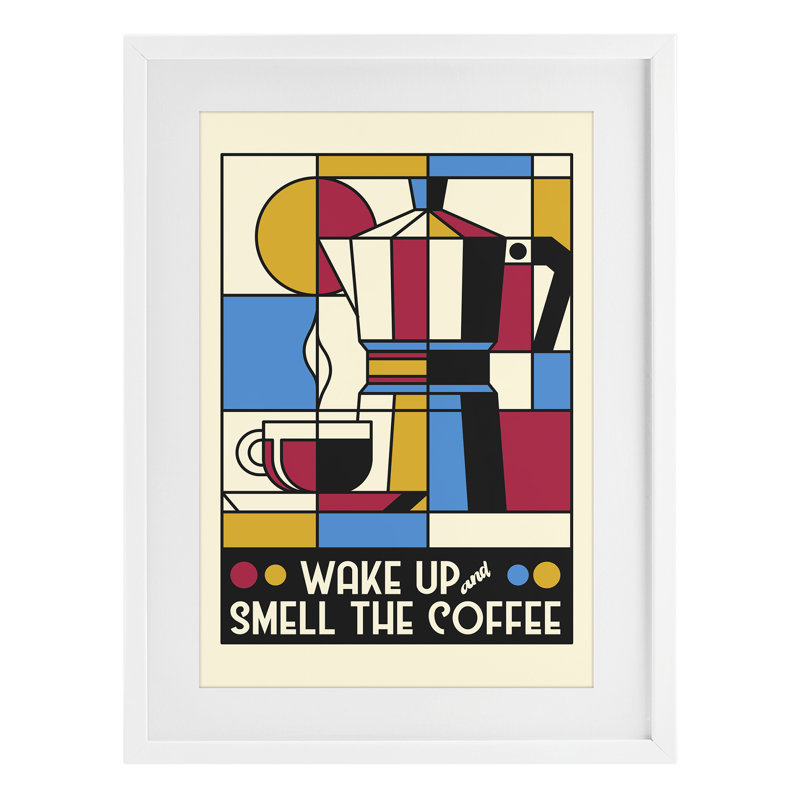 Impression rétro sous verre «Wake Up & Smell Coffee» par Tobe Fonseca, H 20 po x l 14 po, Cadre blanc côtier