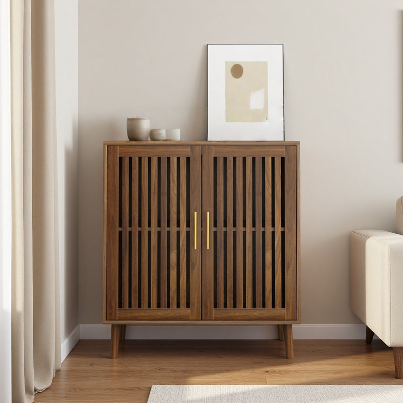 31.5" Mid Century Walnut Sideboard Buffet With Storage & Grille Doors, Brown Cabinets For Living Room & Kitchen