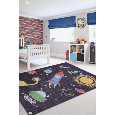 Woven Base Decorative Space Themed Kids' Rug in Black
